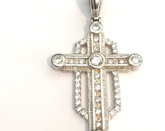 Vintage Sterling Cross Pendant Accented with CZ Stones Unique Large Sterling Cross