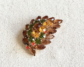 Vintage 60s Delizza and Elster Brooch Juliana Leaf Brooch Amber and Green Stones Large Three Dimensional