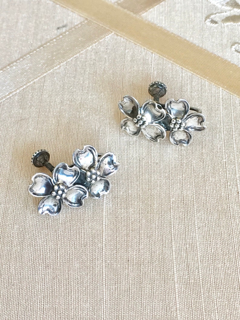 Vintage 40s Sterling Dogwood Earrings Screw Back with Double Dogwood Flowers