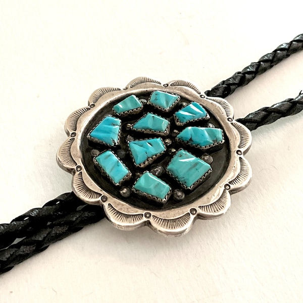 Vintage Zuni Sterling and Turquoise Bolo Tie George and Lupeta Leekity Bolo Tie