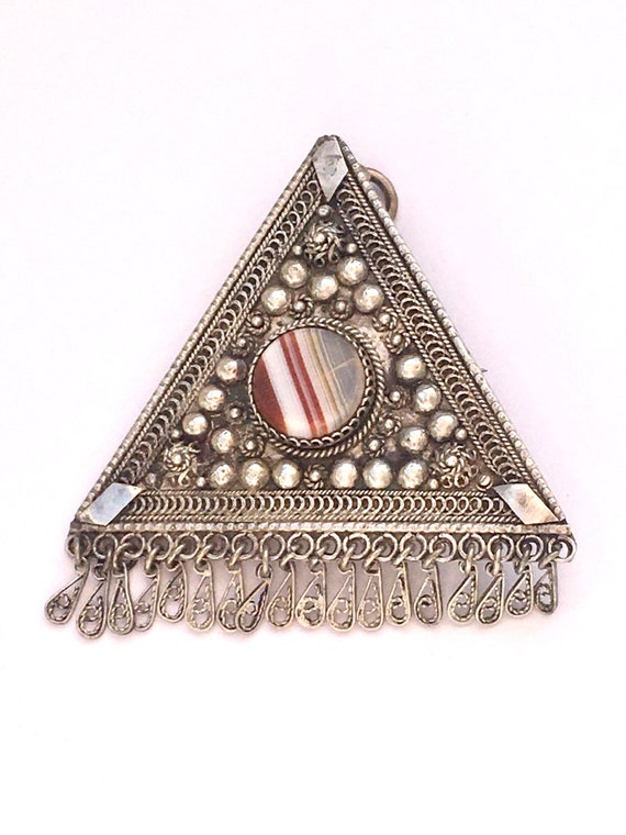 Vintage 30s Sterling Israel Banded Agate Brooch Pe
