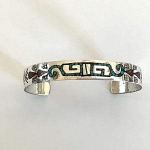 Vintage Navajo Cuff Bracelet Sterling Chip Inlaid Cea Brown