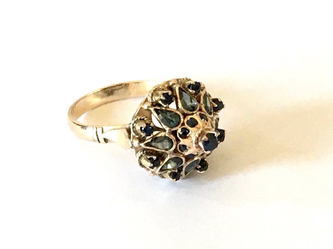 Vintage 14k Gold Princess Haram Ring Blue and Green Sapphire Ring
