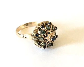 Vintage Princess Haram Ring Blue and Green Sapphire 14k Yellow Gold