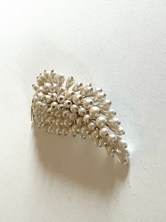 Vintage 60s Faux Pearl Leaf Brooch Large Three Dim