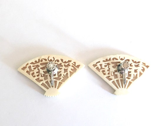 Vintage 60s Carved Bone Fan Earrings with Sterlin… - image 5