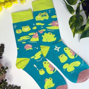 Frog Crew Socks | Novelty socks featuring cute sassy frogs in lily pond, perfect gift for frog lovers