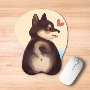 May include: A brown and black Shiba Inu dog with a pink heart above its head. The dog is looking to the right and has its tongue sticking out. The dog is sitting on a light blue and white background.