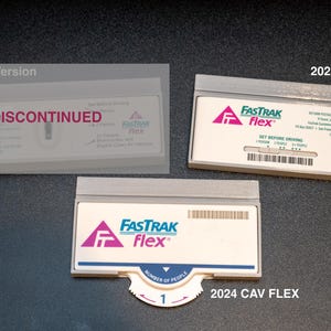 May include: Three rectangular FasTrak Flex toll transponders. The top left is labeled Old FLEX Version and DISCONTINUED. The top right is a 2020 CAV FLEX with a switch. The bottom is a 2024 CAV FLEX with a circular dial showing the number 1.