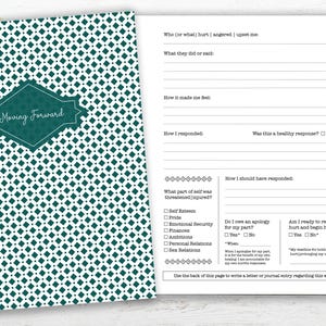 May include: A green and white patterned journal with the words "Moving Forward" on the cover. The journal is open to a page with a worksheet for processing difficult emotions. The worksheet includes prompts for identifying the source of the hurt, how it made you feel, how you responded, and how you should have responded. It also includes questions about whether you owe an apology and if you are ready to release the hurt and begin healing.