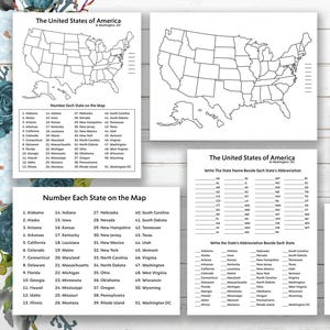 May include: A collection of white paper printables featuring maps of the United States. The printables include blank maps, state abbreviation exercises, and answer keys. The text on the printables includes "The United States of America" and "Number Each State on the Map."