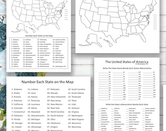 Geografía de Estados Unidos y abreviaturas de los estados ~ Hojas de trabajo educativas con clave de respuestas (PDF) Archivo digital