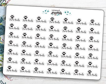May include: A sheet of 36 paw print stickers with the text "Trim Nails" on each sticker. The stickers are white with black paw prints and text.