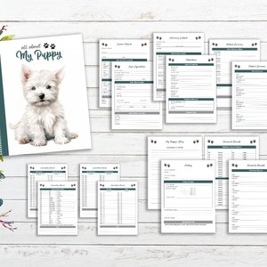 May include: A spiral-bound notebook and several informational sheets for a puppy. The notebook cover features a watercolor illustration of a white puppy with the text "all about My Puppy". The sheets have headings like "Medical Summary".