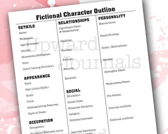 Fiction Character Development Outline Template (Printable) PDF ~ (8.5x11) ~ Novel Story ~ Writing Guides for Authors ~ OG Design