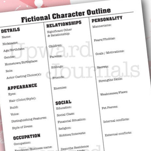 8.5x11 Fiction Novel Writing Character Outline Etsy