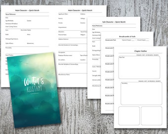 Puede incluir: Un conjunto de páginas de planificador impresas para escritores, que incluye una portada titulada My Writer's Assistant con un gráfico de bosque verde azulado, y formularios para bocetos de personajes, tramas y esquemas de capítulos.