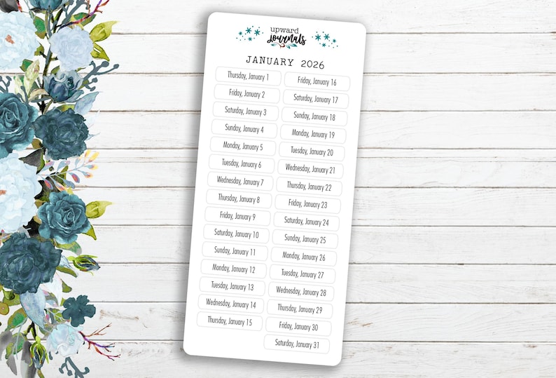May include: A sheet of printable planner stickers with the month of January 2026 and the days of the week and dates for each day of the month.