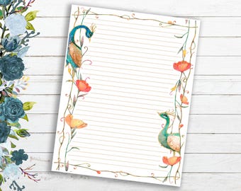 Peacock Folk Art Lined ~ Tear-Off Letter Sized Paper Pad (8.5" x 11")