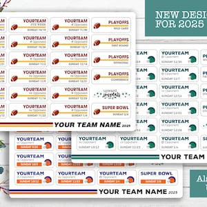 May include: Football-themed planner stickers with various game day labels. The stickers feature footballs, helmets, and the text "YOUR TEAM" and "Opponent" with dates. Includes "Playoffs" and "Super Bowl" labels. The design is for the 2025 season.