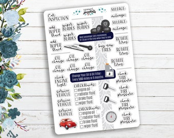 May include: A sticker sheet featuring various car maintenance labels with text including Car Inspection, Wiper Blades, Oil Change, Rotate Tires, Check Engine Light, and Service Vehicle. Includes icons of tires, a squeegee, an oil bottle, keys, and a red car.