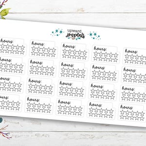 May include: A white sticker sheet featuring twenty individual rectangular labels, each printed with the word hours: followed by two rows of five outlined stars. The top center of the sheet displays the text upward journals with teal star accents.