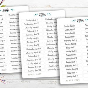 May include: A set of three white sticker sheets with black text. Each sheet features a calendar of a different month: January, April, and March. The stickers are designed for use in planners and journals.