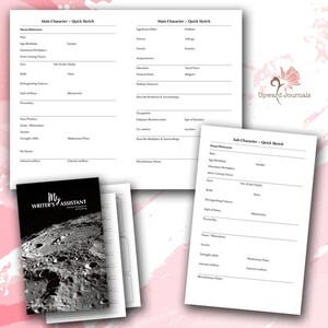 Puede incluir: Un conjunto de hojas de trabajo para el desarrollo de personajes que incluye un formulario Main Character Quick Sketch y un formulario Sub Character Quick Sketch. Una portada en blanco y negro titulada My Writer's Assistant muestra una superficie lunar. El logotipo de Upward Journals es visible.