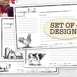 Cartões de receita 4x6 com tema de fazenda (4 designs / para impressão) Download digital em PDF / Assando, cozinhando, presentes de cozinha, vacas, porcos, campo, galinhas