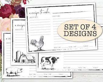 Farm Theme 4x6 Recipe Cards (4 Designs / Printable) Digital PDF Download/ Baking, Cooking, Kitchen Gifts, Cows, Pigs, Country, Chickens