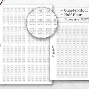 May include: Two white planner sticker sheets with time slots. One sheet has a magnifying glass showing quarter-hour and half-hour time increments. Text reads: Boxes Are: 0.375" x 0.2".