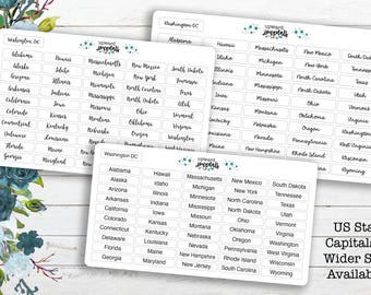 50 United States Stickers - State Capitals Text Labels: Travel, Trip Planning, Journaling, US Geography, Educational, Classroom Map Labels