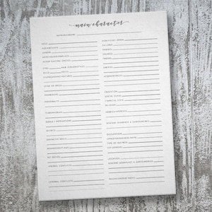 May include: A printable character development worksheet with sections for name, role, appearance, significant others, education, personality, goals, motivations, secrets, and more.