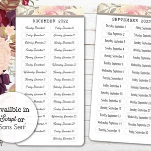 May include: Two calendar pages with white labels for each day of December and September 2022. The labels are printed with the day of the week and the date. The background is a floral pattern with pink and purple flowers.