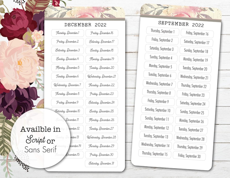 May include: Two calendar pages with white labels for each day of December and September 2022. The labels are printed with the day of the week and the date. The background is a floral pattern with pink and purple flowers.