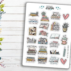 May include: A sheet of stickers featuring illustrations of books, coffee cups, and plants. The stickers have text such as "Bookaholic", "Crazy Book Lady", "The Book is Always Better", and "Easily Distracted by Books".