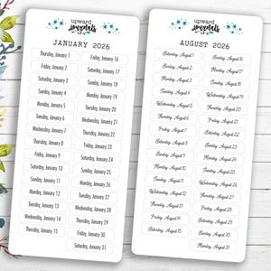 MINI Daily Dated Headers ~ Planner Stickers ~ 2025, 2026 or 2027 ~ Monthly Date Covers, Weekday, Days of Week, Planning, Printed Stickers