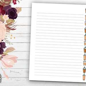May include: A printable lined paper with a border of brown iced coffee cups on the right side. The paper is white with grey lines.
