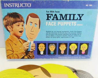 Vintage Instructo FAMILY FACE Puppets No. 1185//Fun With Faces Oral Language Development//6 Family Figures 12" High//Classroom Dramatic Play