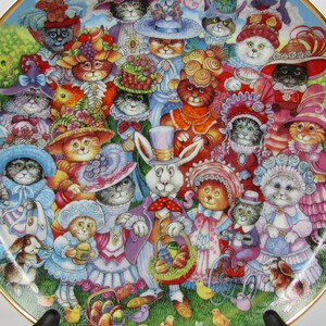 EASTER PURRADE by artist Bill Bell//Vintage Franklin Mint Heirloom Collectible Porcelain Plate 24K Gold Border//Cat Lover Rabbit Bunny Decor