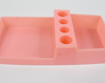 Vintage Pink Plastic Cosmetic Tray Lipstick Holder//Hairpins Make-Up Perfume Vanity Holder//Mid Century Bathroom Decor