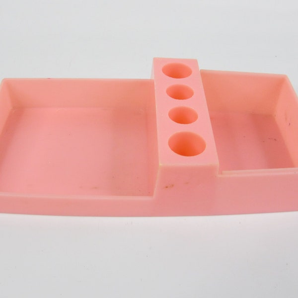 Vintage Pink Plastic Cosmetic Tray Lipstick Holder//Hairpins Make-Up Perfume Vanity Holder//Mid Century Bathroom Decor