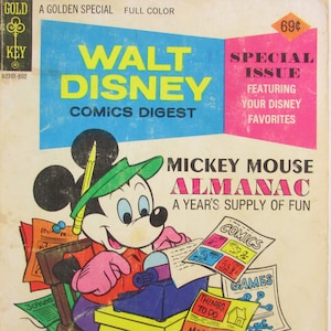 Walt Disney Comics Digest MICKEY MOUSE ALMANAC/A Year&#39;s Supply of Fun- Vintage 1976 Small Softcover/Puzzles Stories Crafts Riddles 126 Pages