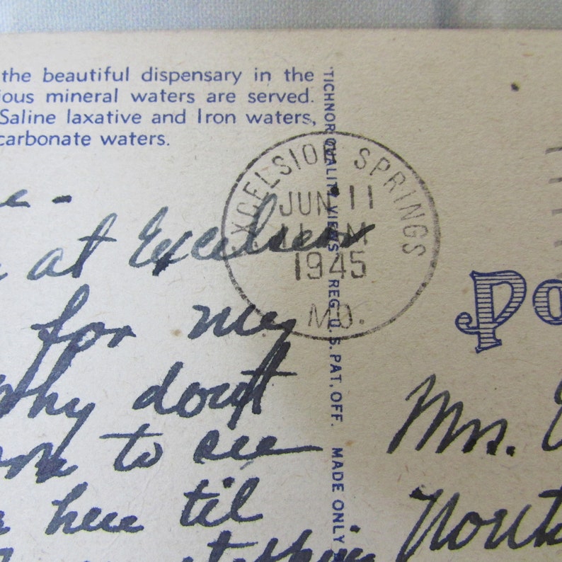 Vintage 1945 Linen Postcard Hall of Waters Excelsior Springs Missouri History Mineral Water One Cent Stamp Travel Souvenir Paper Collectible