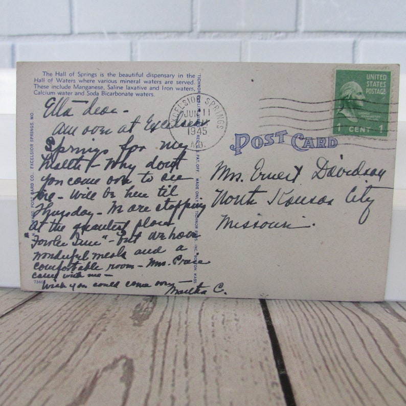 Vintage 1945 Linen Postcard Hall of Waters Excelsior Springs Missouri History Mineral Water One Cent Stamp Travel Souvenir Paper Collectible