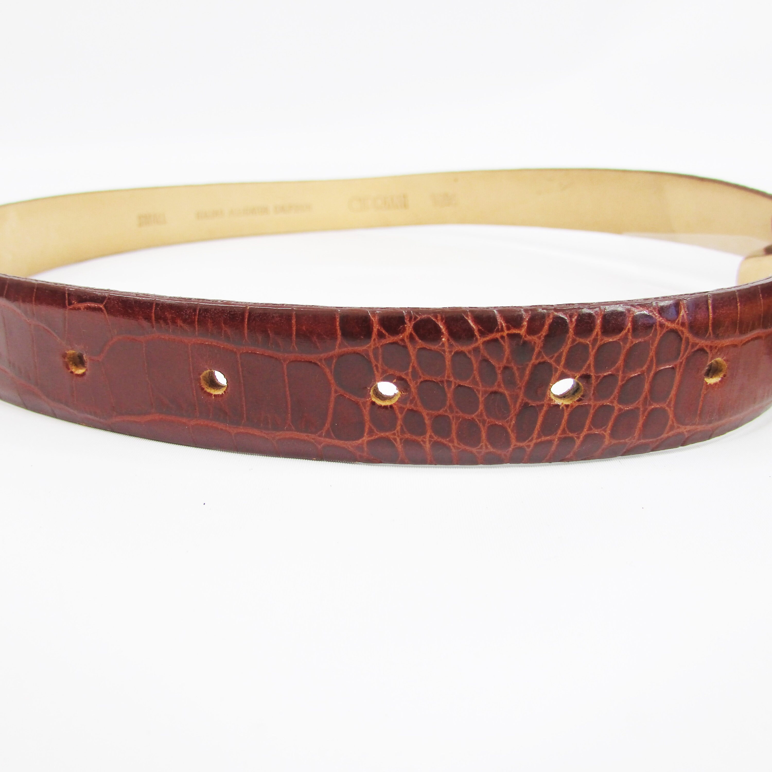 Vintage Italian Alligator Calfskin Belt Brown Leather Cipriani Unisex Size M Cipriani Brown Italian Alligator Calfskin Belt Gold Buckle  main image 2