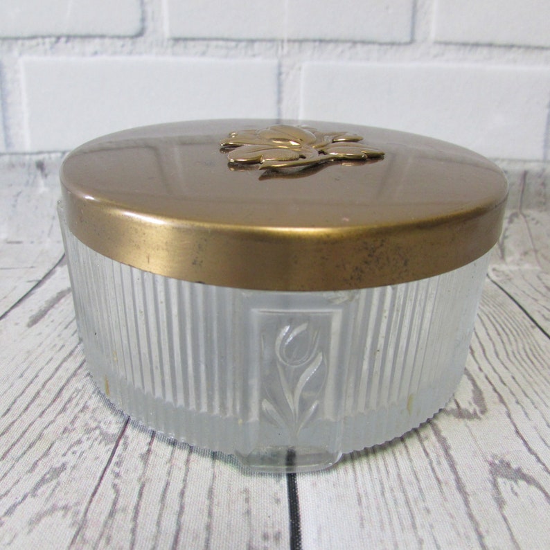 Glass Powder Puff Jar Vintage Vanity Accessory Clear Ribbed Etsy