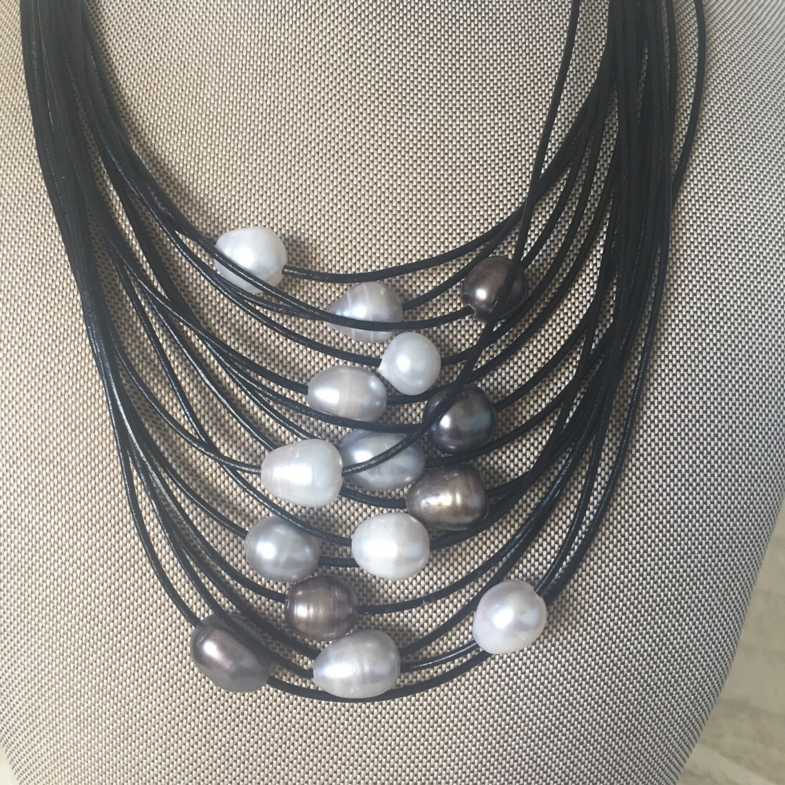 Pearl Necklace in Leather Cord Etsy
