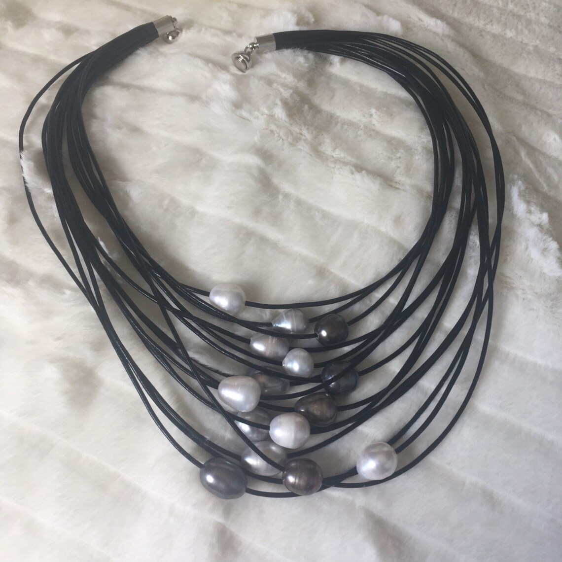 Pearl Necklace in Leather Cord Etsy