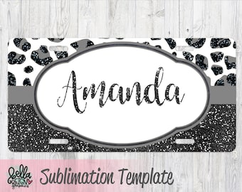 Cheetah Print Sublimation License Plate Template - Car Tag Template - Glitter Leopard License Plate Design - PNG - Sublimation File
